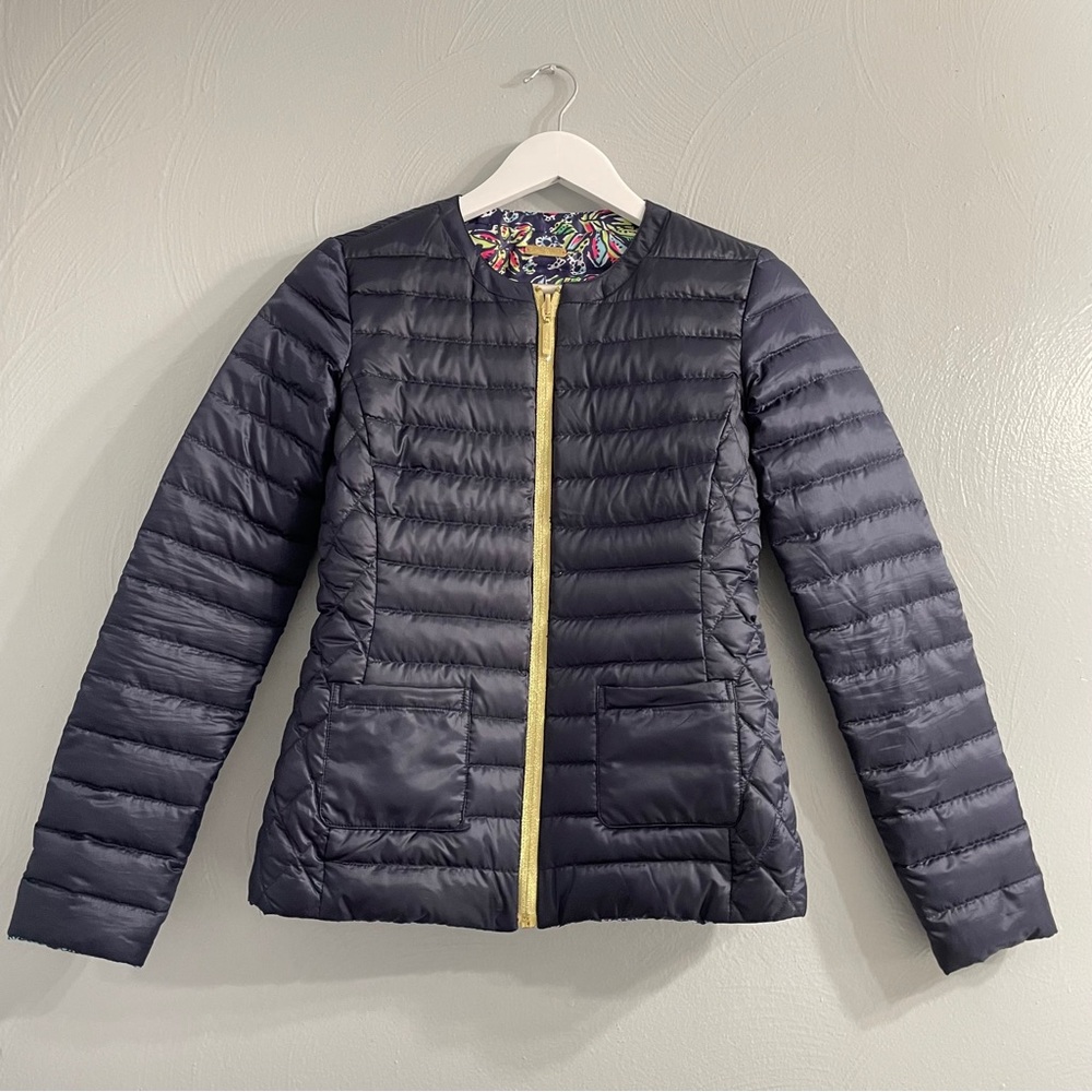 Lilly Pulitzer Lilah reversible quilted down zip jacket XXS collarless gorpcore - Picture 9 of 16